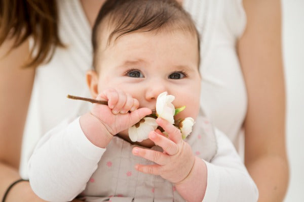 Baby in mother's arms with flower | Nourish Baby